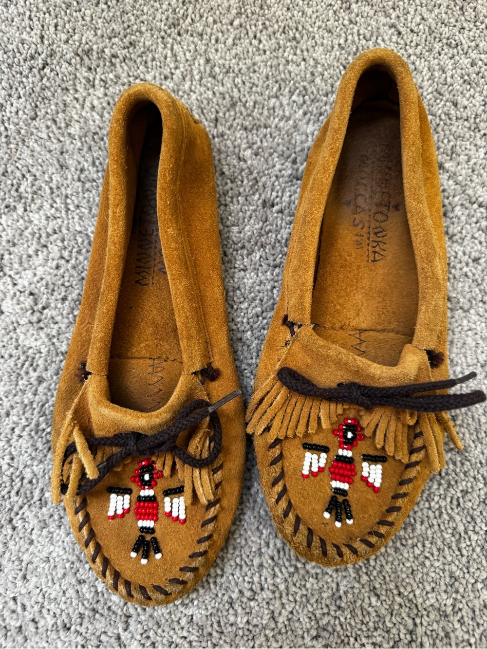 Minnetonka Tan Suede Beaded Thunderbird Moccasins for Women